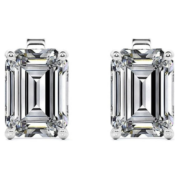 JeenMata 3 Carat Emerald Cut Moissanite - Minimalist Solitaire Stud Earrings - 18K White Gold Plating Over Silver