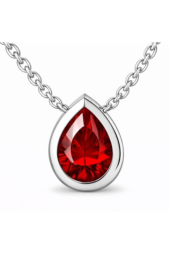 3 Carat July - Ruby Birthstone Pear Cut Bezel Set Pendant Necklace - in 18K White Gold Plating for Women
