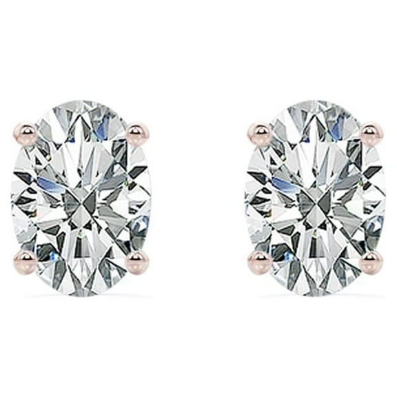 JeenMata 3 Carat Oval Cut Moissanite Solitaire Stud Earrings - 4 Prong - In 18K Rose Gold Plating Over Silver