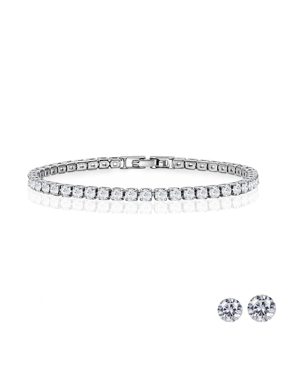3 Carat Round Cut Moissanite Tennis Bracelet Eternity Design in 18K White Gold over Silver, Female, Adult