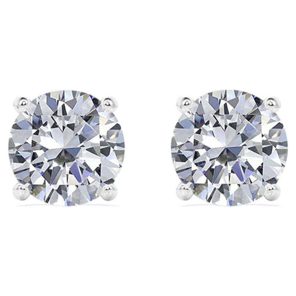 JeenMata 3 Carat Round Moissanite - 4 Prong Solitaire Stud Earrings - 18K White Gold Plating Over Silver