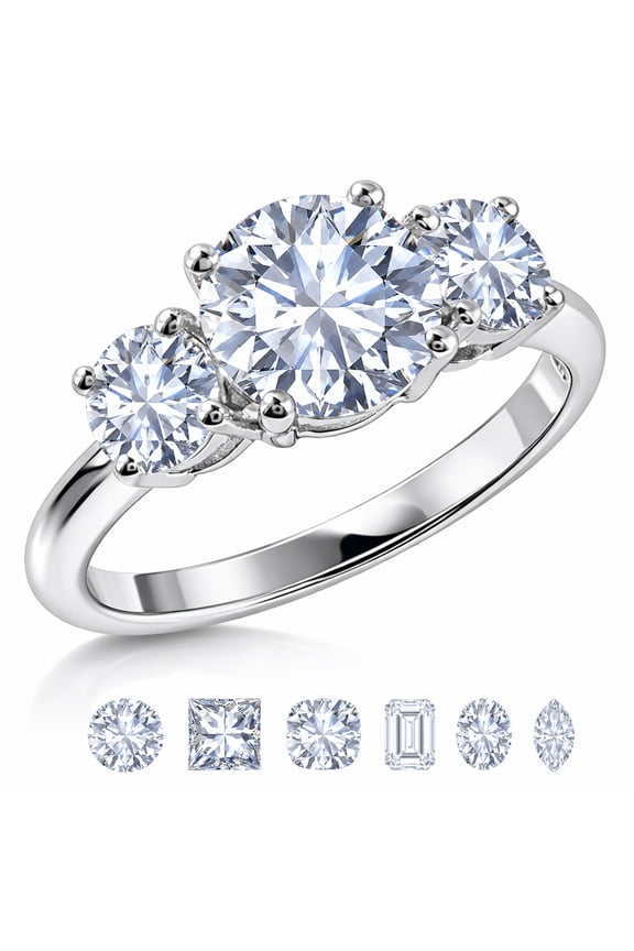 3 Carat Round Cut Moissanite Rings - Three Stone Engagement Rings in 18K White Gold Plating for Women