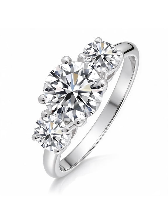 3 Carat Three Stone Round Cut Moissanite Engagement Ring, Classic Brilliance Ring in 18K White Gold Plating for Women