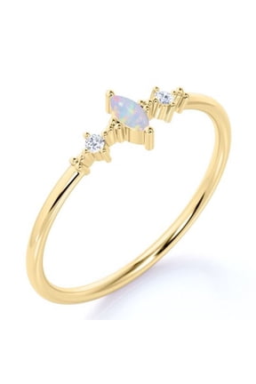 3 Stone Marquise Opal and Diamond Vintage Stackable Ring Band in Solid 10k Yellow Gold