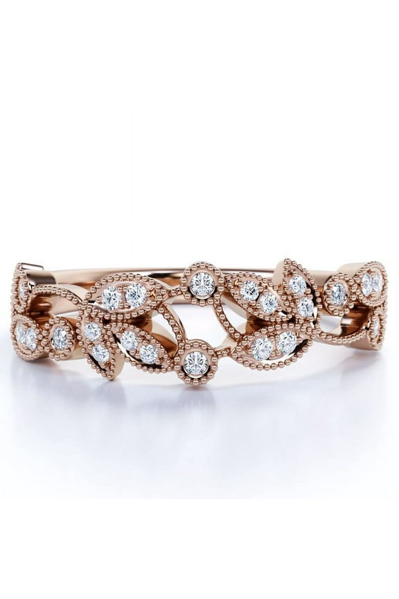 .30 ct Diamond Wedding Band - Vintage Style - Milgrain - Stackable Ring - 10K Rose Gold