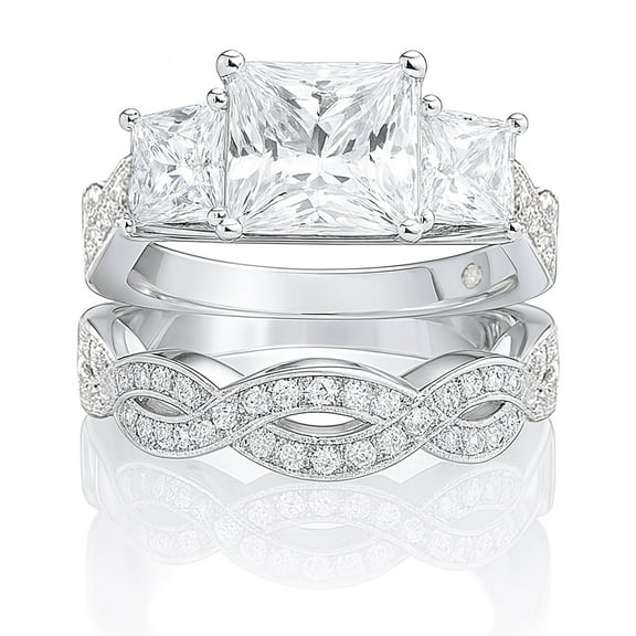 JeenMata 4.5 Carat Princess Cut Moissanite Three Stones Twisted Wedding Rings Set - with Hidden Stone in 18K White Gold Plated for Women