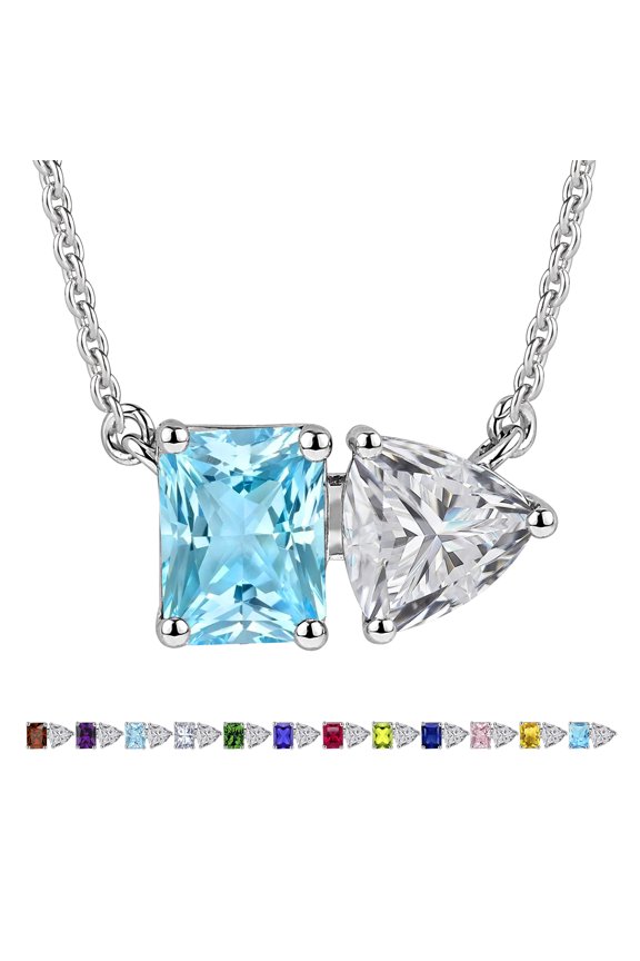 4.75 Carat Aquamarine & Cubic Zirconia Two Stone Necklace - March Birthstone Emerald and Trillion Cut Pendant in 18K White Gold Plating for Women