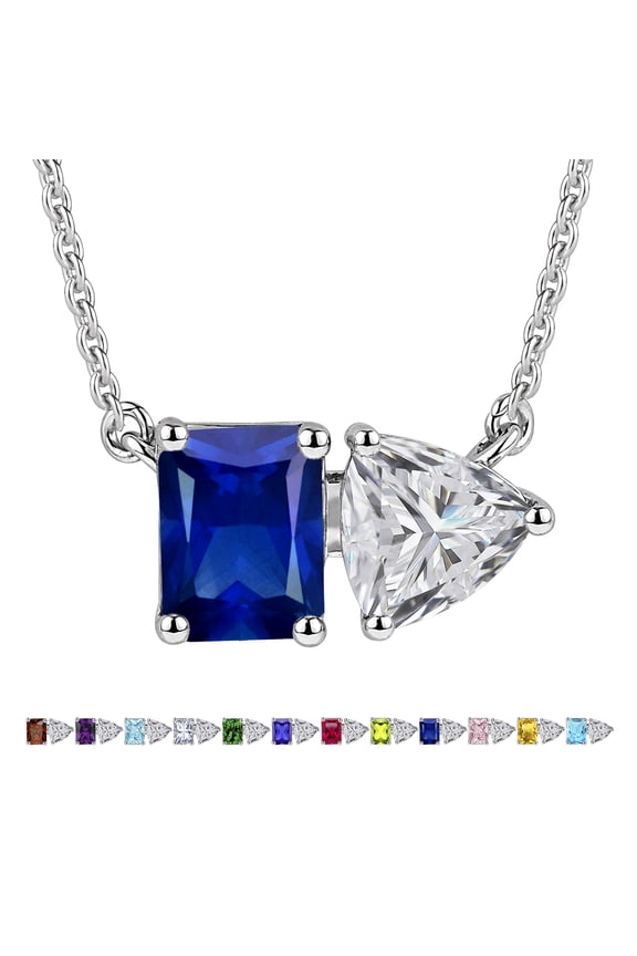 4.75 Carat Blue Sapphire & Cubic Zirconia Two Stone Necklace - September Birthstone Emerald and Trillion Cut Pendant in 18K White Gold Plating for Women