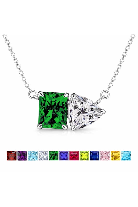 4.75 Carat Emerald & Cubic Zirconia Two Stone Necklace - May Birthstone Emerald and Trillion Cut Solitaire Necklace in 18K White Gold Plating for Women