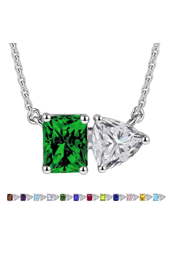 4.75 Carat Emerald & Cubic Zirconia Two Stone Birthstone Necklaces - May Birthstone Emerald and Trillion Cut Pendant Necklace in 18K White Gold Plating Gift for Women