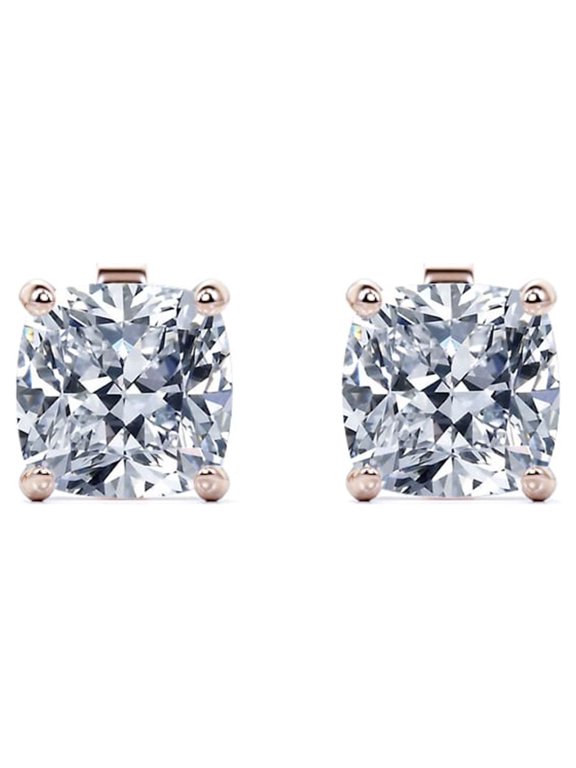 4 Carat Cushion Cut Moissanite 4 Prong Solitaire Stud Earrings In 18K Rose Gold Plating Over Silver