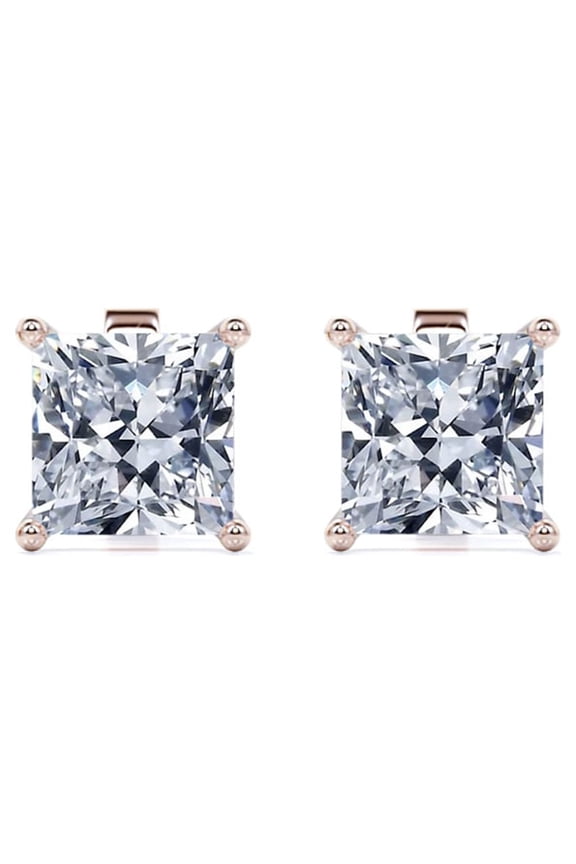 4 Carat Princess Cut Moissanite 4 Prong Solitaire Stud Earrings In 18K Rose Gold Plating Over Silver