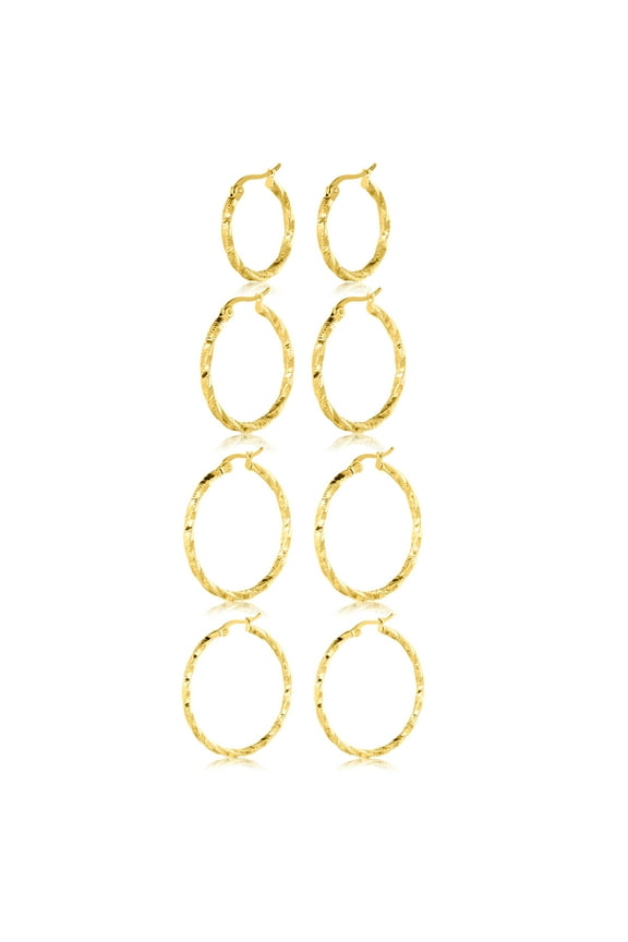 4 Pairs Textured Four Pairs Hoop Earrings in Yellow Gold Plating - Dangle Hoop Earrings - Multipack Jewelry