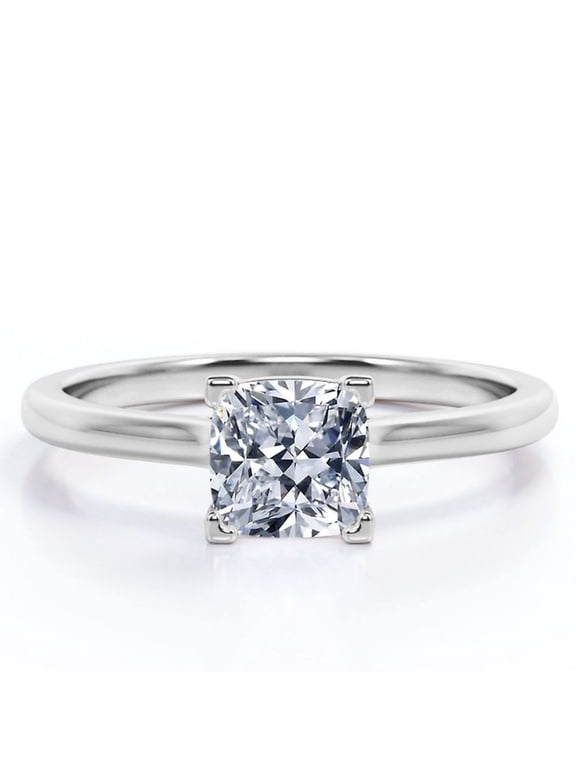 4 Prong - 2 Carat Cushion Cut Engagement Ring - Solitaire Right Hand Ring - 18K White Gold Plating Over Silver