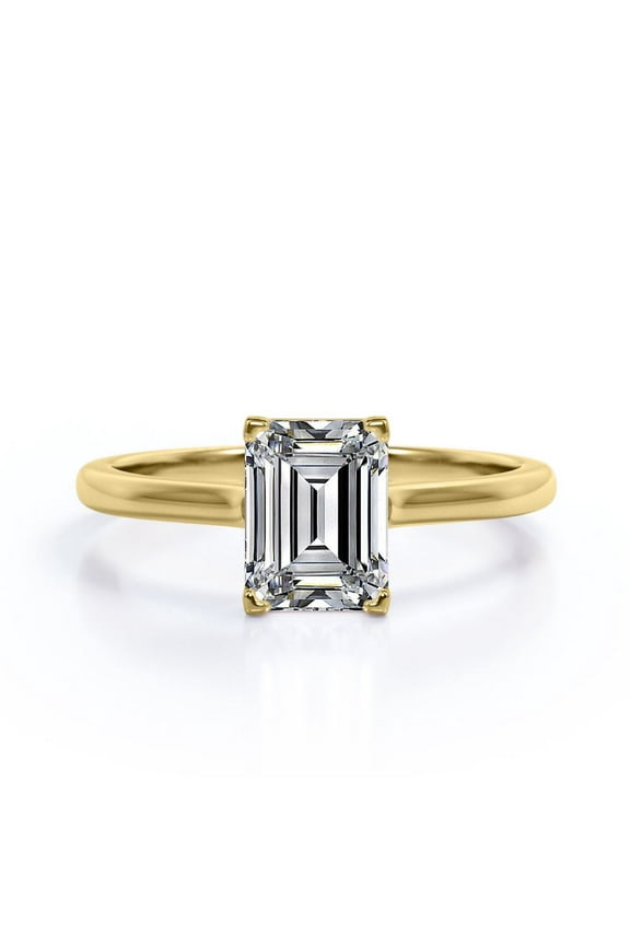 4 Prong - 1 Carat Emerald Cut Moissanite - Solitaire Engagement Ring - 18K Yellow Gold Plating Over Silver