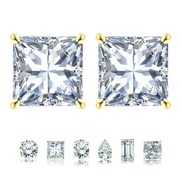 JeenMata 4 Prong - 1 Carat Princess Cut Moissanite - Solitaire Stud Earrings in 18k Yellow Gold Plating for Women