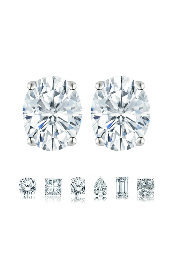 4 Prong 2 Carat Oval Cut Moissanite Solitaire Stud Earrings in 18k White Gold Plating for Women