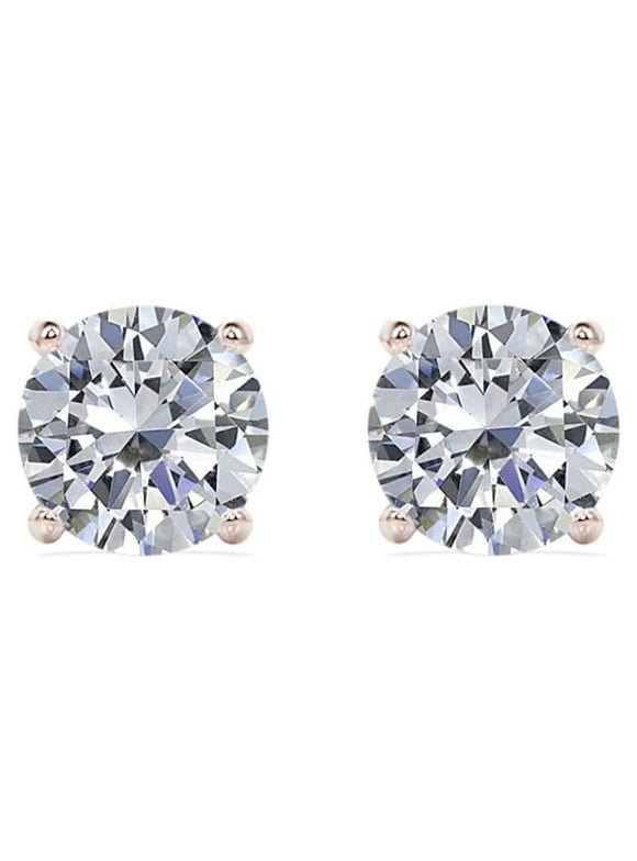 JeenMata 4 Prong 2 Carat Round Shaped Moissanite Solitaire Stud Earrings In 18K Rose Gold Plating Over Silver