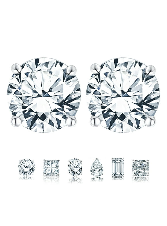 4 Prong 2 Carat Round Shaped Moissanite Solitaire Stud Earrings in 18k White Gold Plating for Women