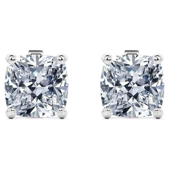 JeenMata 4 Prong - 3 Carat Cushion Cut Moissanite - Solitaire Stud Earrings - 18K White Gold Plating Over Silver
