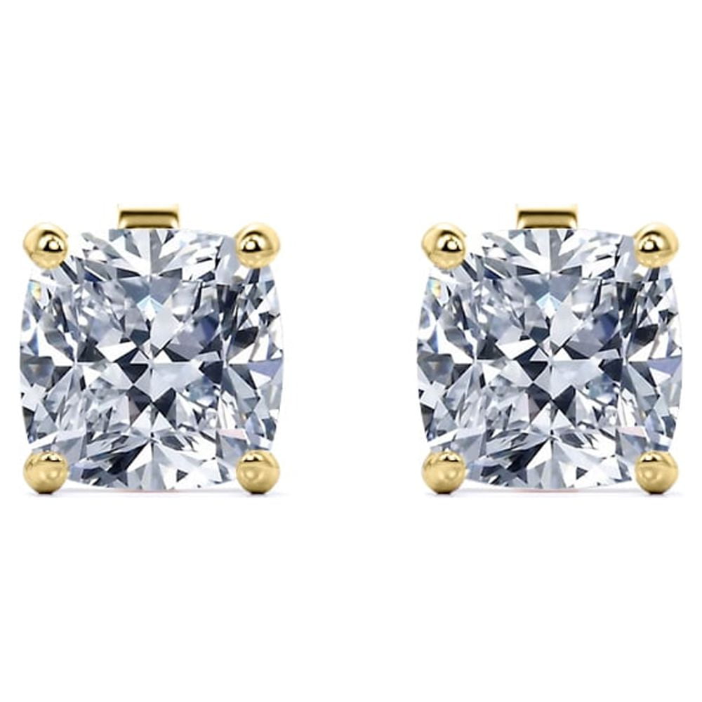 JeenMata 4 Prong - 3 Carat Cushion Cut Moissanite - Solitaire Stud Earrings - 18K Yellow Gold Plating Over Silver