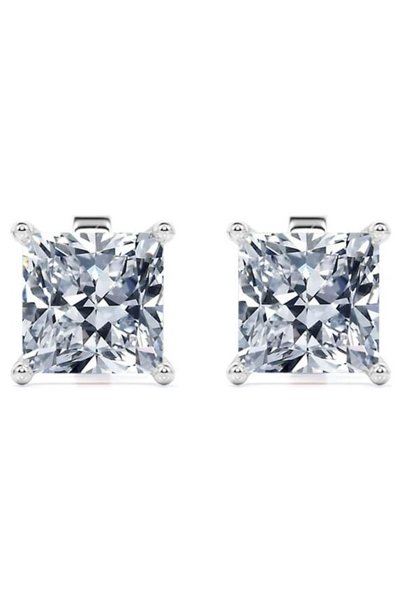 4 Prong - 3 Carat Princess Cut Moissanite - Solitaire Stud Earrings - 18K White Gold Plating Over Silver