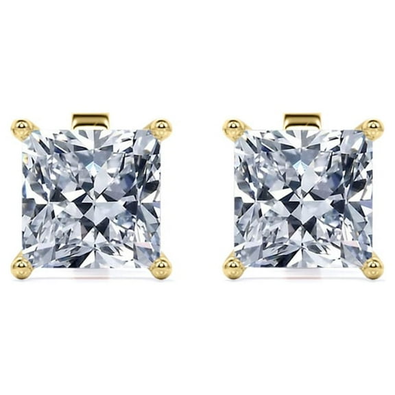 JeenMata 4 Prong - 3 Carat Princess Cut Moissanite - Solitaire Stud Earrings - 18K Yellow Gold Plating Over Silver