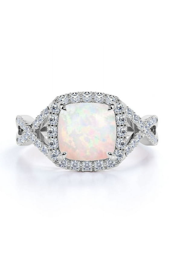 4-Prong Halo - 1.2 TCW Round Rainbow Opal and Moissanite - Pave Accented Engagement Ring - 18K White Gold Plating over Silver