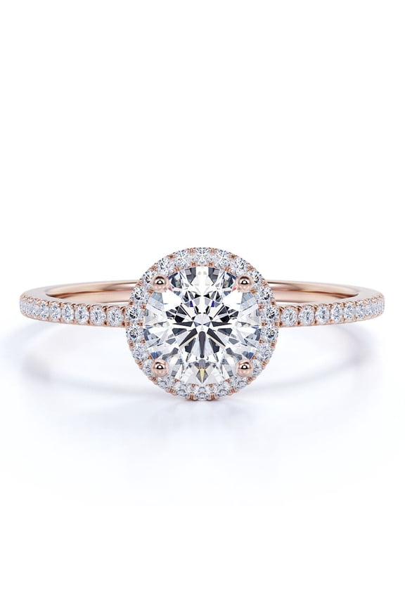 4 Prong Pave Set 1.75 Carat Round Moissanite Halo Design Engagement Ring In 18K Rose Gold Plating Over Silver