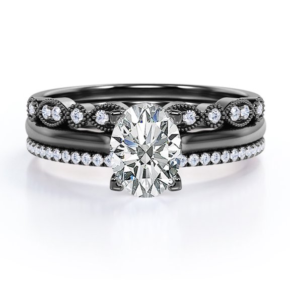JeenMata 4 Prong Pave Setting - 1.25 Carat Oval Cut - Art Deco Filigree Milgrain - Solitaire Engagement Ring - Trio Bridal Set - 18K Black Gold Plating over Silver