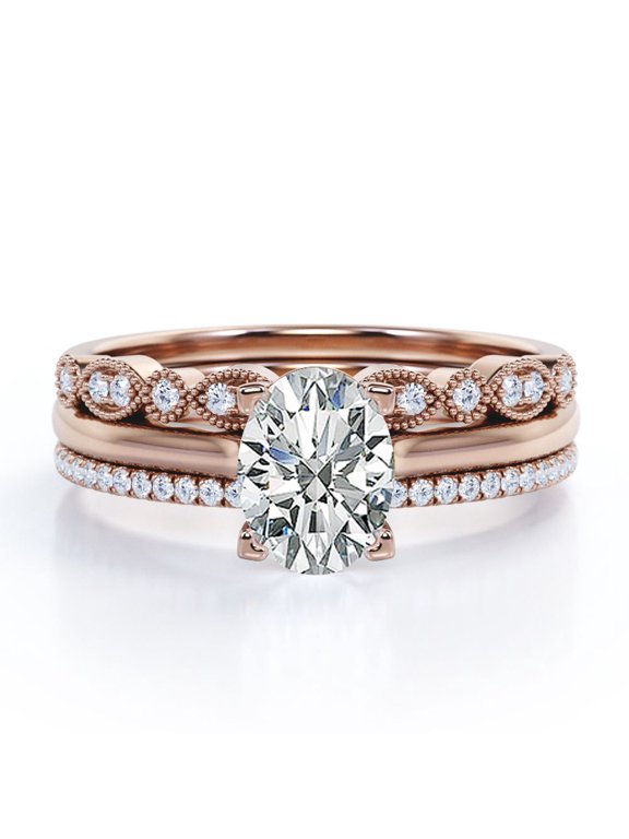 4 Prong Pave Setting - 1.25 Carat Oval Cut - Art Deco Filigree Milgrain - Solitaire Engagement Ring - Trio Bridal Set - 18K Rose Gold Plating over Silver