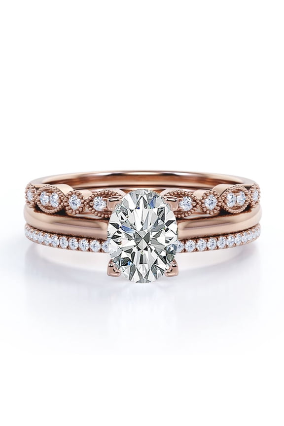 4 Prong Pave Setting - 1.25 Carat Oval Cut - Art Deco Filigree Milgrain - Solitaire Engagement Ring - Trio Bridal Set - 18K Rose Gold Plating over Silver