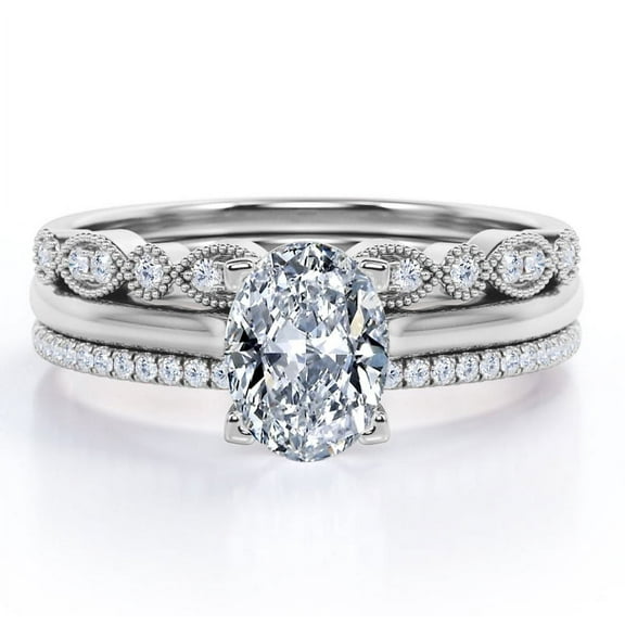 JeenMata 4 Prong Pave Setting - 1.25 Carat Oval Cut - Art Deco Filigree Milgrain - Solitaire Engagement Ring - Trio Bridal Set - 18K White Gold Plating over Silver