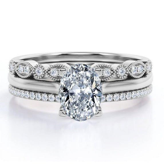 JeenMata 4 Prong Pave Setting - 1.25 Carat Oval Cut - Art Deco Filigree Milgrain - Solitaire Engagement Ring - Trio Bridal Set - 18K White Gold Plating over Silver