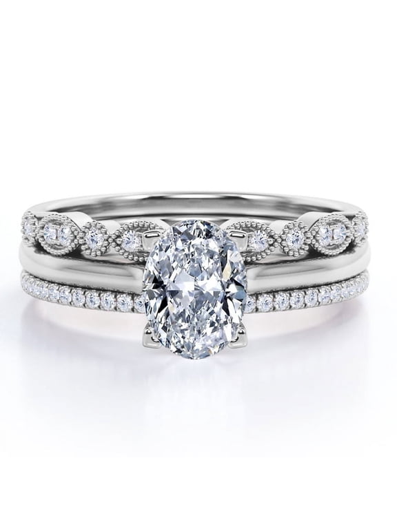 4 Prong Pave Setting - 1.25 Carat Oval Cut - Art Deco Filigree Milgrain - Solitaire Engagement Ring - Trio Bridal Set - 18K White Gold Plating over Silver