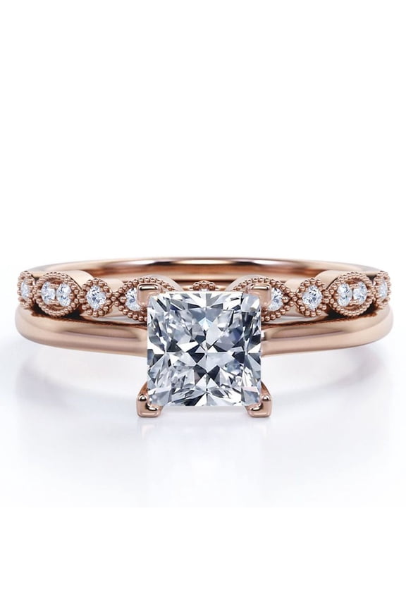 4 Prong Set - 2.25 Carat Princess Cut - Milgrain and Filigree - Wedding Set - 18K Rose Gold Plating over Silver (CUSTOMIZE YOUR WEDDING RING BAND)