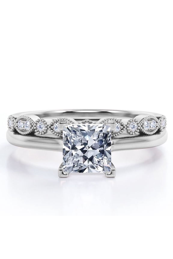 4 Prong Set - 2.25 Carat Princess Cut - Milgrain and Filigree - Wedding Set - 18K White Gold Plating over Silver (CUSTOMIZE YOUR WEDDING RING BAND)