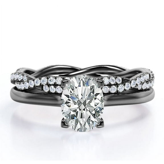 JeenMata 4 Prong Set - 1.25 Carat Oval Shape - Pave Twisted Shank Wedding Set - 18K Black Gold Plating over Silver (CUSTOMIZE YOUR WEDDING RING BAND)