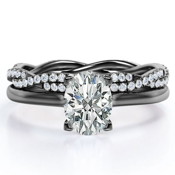 JeenMata 4 Prong Set - 1.25 Carat Oval Shape - Pave Twisted Shank Wedding Set - 18K Black Gold Plating over Silver (CUSTOMIZE YOUR WEDDING RING BAND)