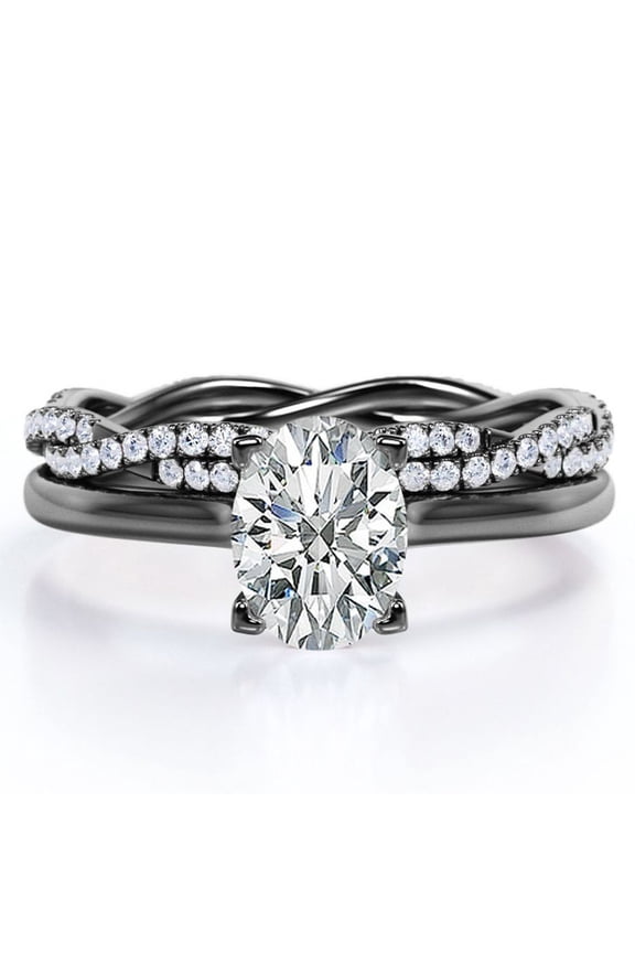 4 Prong Set - 1.25 Carat Oval Shape - Pave Twisted Shank Wedding Set - 18K Black Gold Plating over Silver (CUSTOMIZE YOUR WEDDING RING BAND)