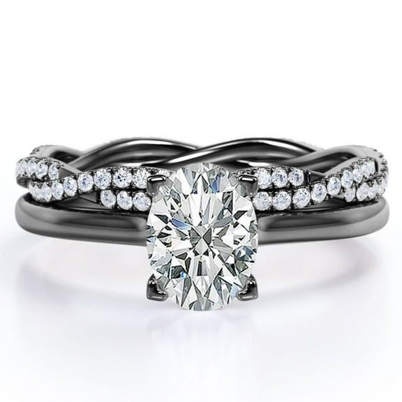 JeenMata 4 Prong Set - 1.25 Carat Oval Shape - Pave Twisted Shank Wedding Set - 18K Black Gold Plating over Silver (CUSTOMIZE YOUR WEDDING RING BAND)