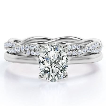 JeenMata 4 Prong Set - 1.25 Carat Oval Shape - Pave Twisted Shank Wedding Set - 18K White Gold Plating over Silver (CUSTOMIZE YOUR WEDDING RING BAND)