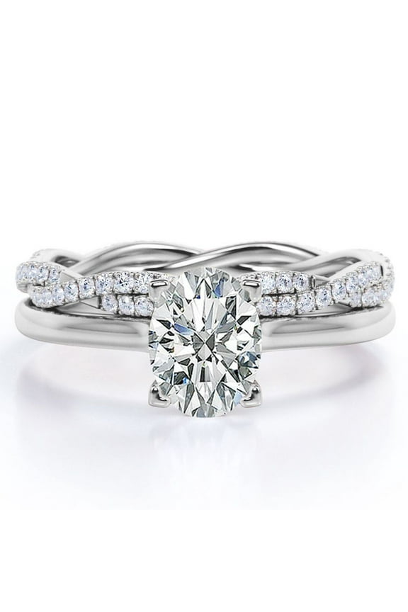 4 Prong Set - 1.25 Carat Oval Shape - Pave Twisted Shank Wedding Set - 18K White Gold Plating over Silver (CUSTOMIZE YOUR WEDDING RING BAND)