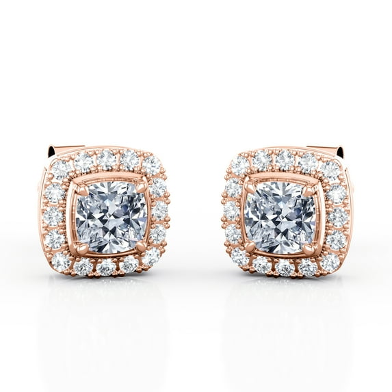 JeenMata 4 Prong Setting - 1.1 Carat Cushion Cut Moissanite Halo Cluster Stud Earrings - 18K Rose Gold Plating over Silver