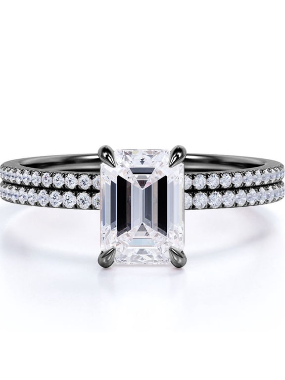 4-Prong Setting 2.25 Carat Emerald Cut Pave Shank Bridal Ring Set in 18K Black Gold Plating over Silver