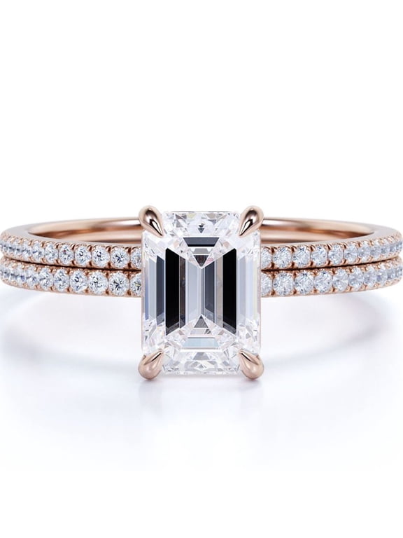 4-Prong Setting 2.25 Carat Emerald Cut Pave Shank Bridal Ring Set in 18K Rose Gold Plating over Silver