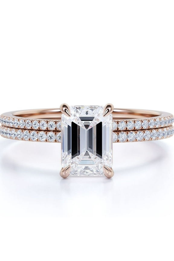 4-Prong Setting 2.25 Carat Emerald Cut Pave Shank Bridal Ring Set in 18K Rose Gold Plating over Silver