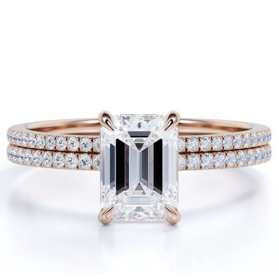 JeenMata 4-Prong Setting 2.25 Carat Emerald Cut Pave Shank Bridal Ring Set in 18K Rose Gold Plating over Silver