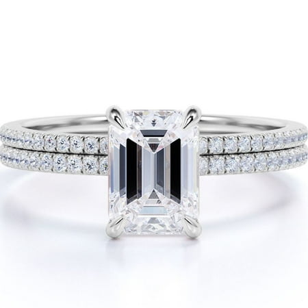 JeenMata 4-Prong Setting 1.5 Carat Emerald Cut Pave Shank Bridal Ring Set in 18K White Gold Plating over Silver