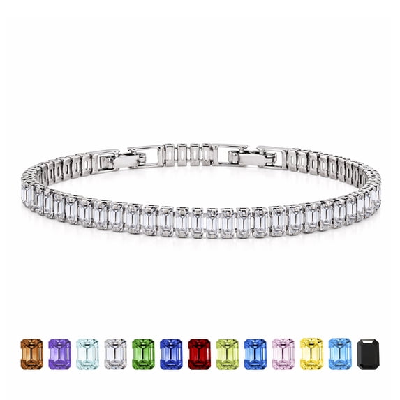 JeenMata 5.5 Carat April Cubic Zirconia - Emerald Cut Birthstone Tennis Bracelet Eternity Design - White Gold Plating, Female, Adult